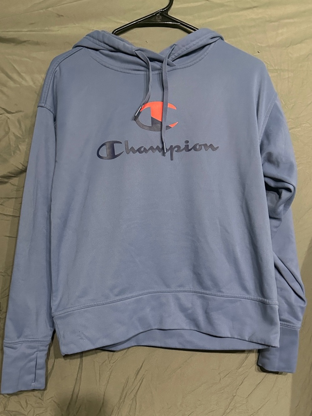 Champion Light Blue Crewneck Hoodie with Red Logo Accent